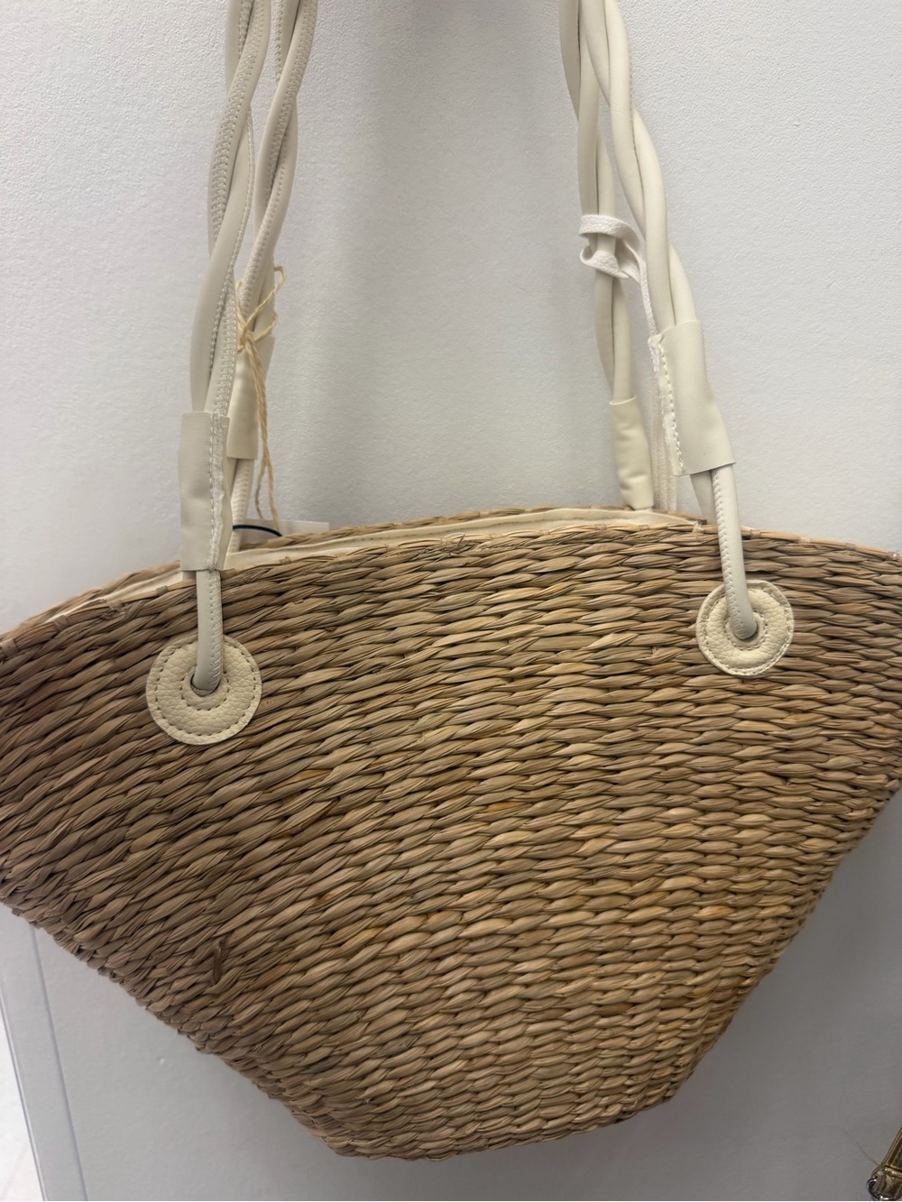 Woven Straw Tote Bag with Cream Handles